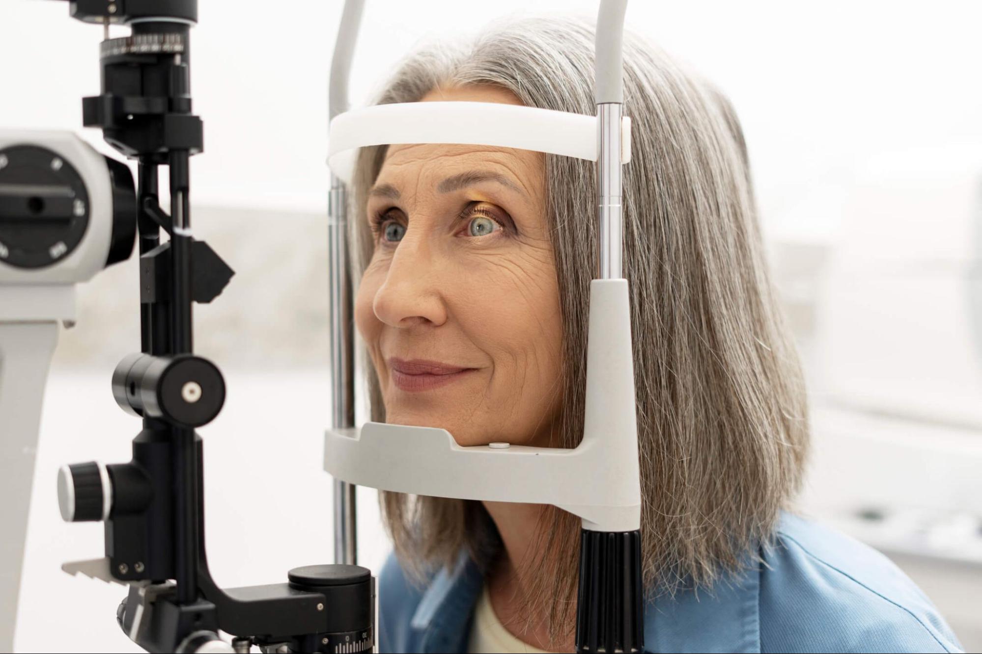 An older woman receiving an eye exam at a slit lamp to check for astigmatism and update her contact lens prescription