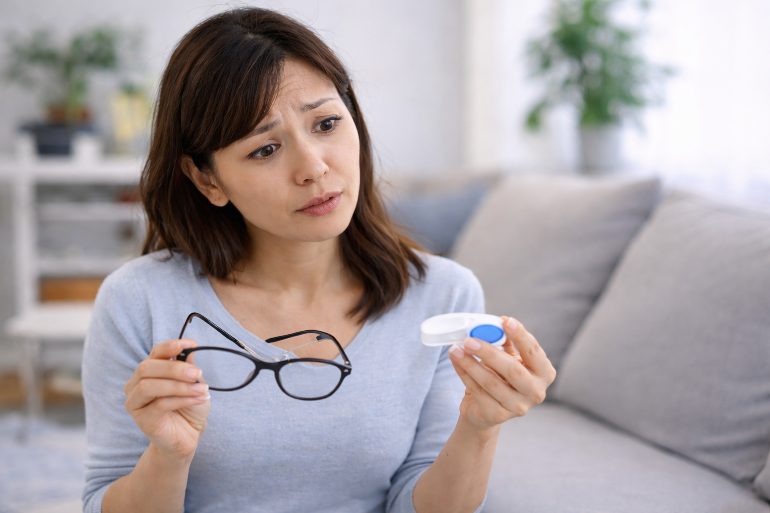 Woman considering whether to choose glasses or contact lenses