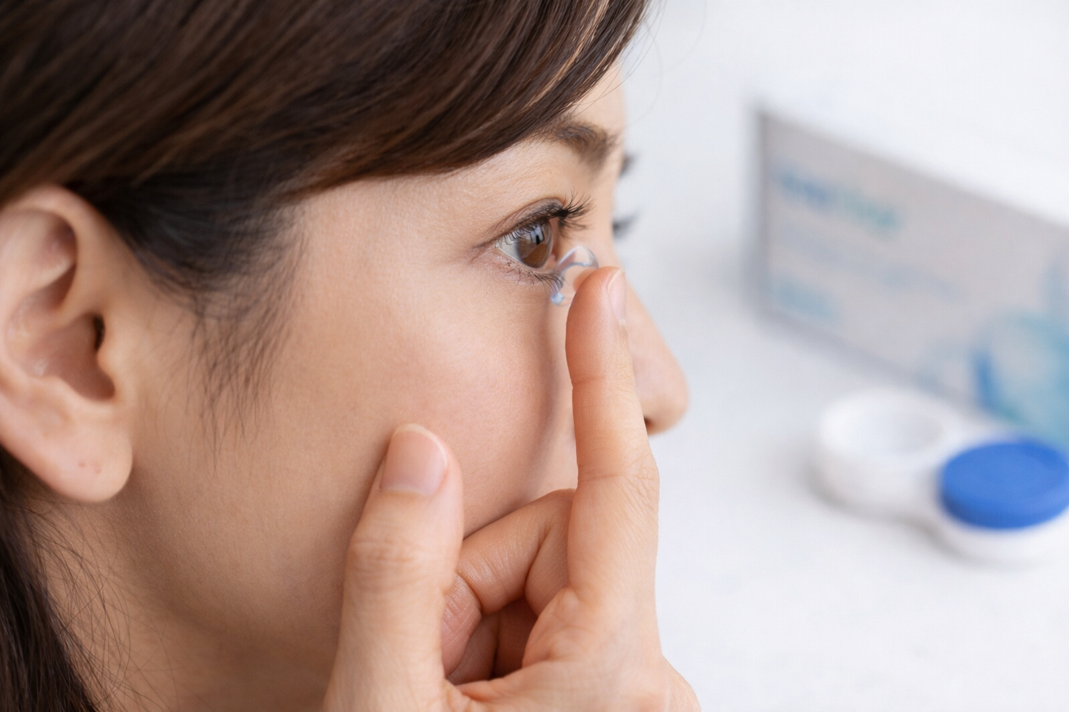 Close-up of a woman applying a contact lens to her eye