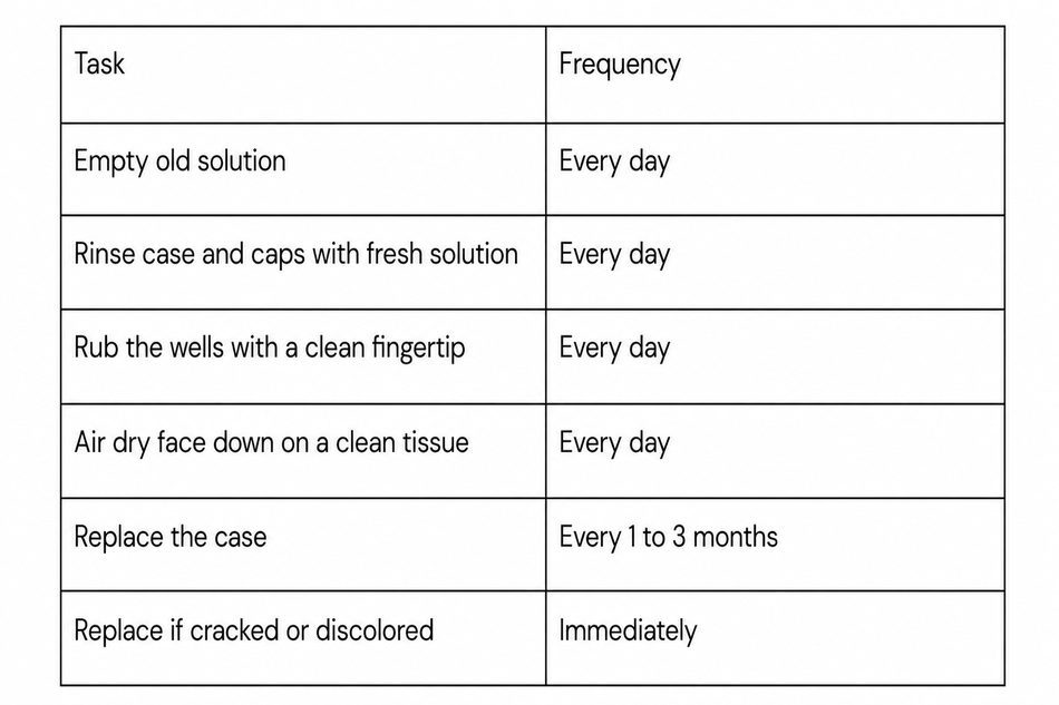 Table showing contact lens case cleaning and replacement schedule guidelines