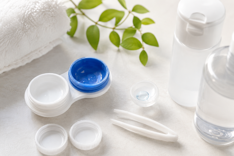 Clean contact lens case and lens care supplies on a bright bathroom counter