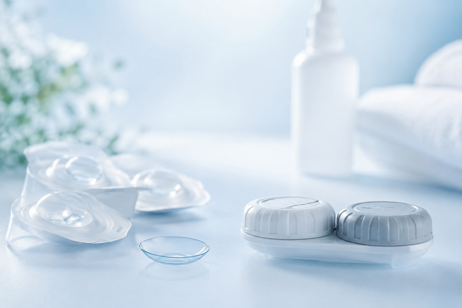 Modern contact lens care products and soft lenses on a clean blue background