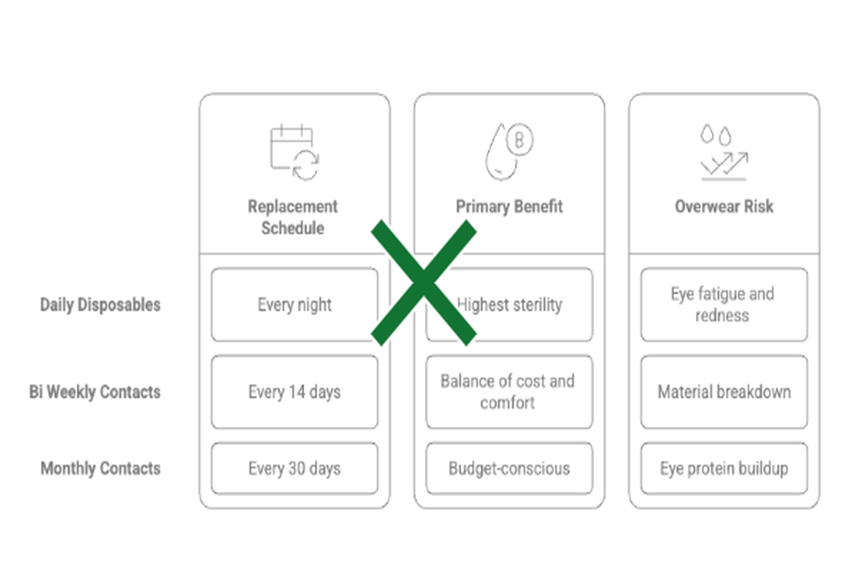 contact lens replacement schedule comparison showing risks of overwear