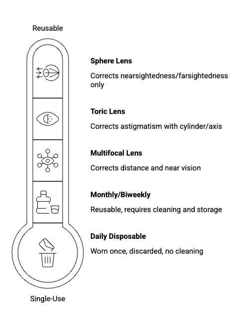Contact lens types chart showing sphere toric multifocal daily and monthly lenses