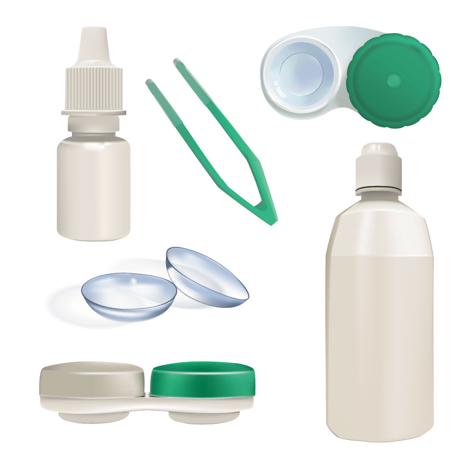 Contact lenses, case, tweezers, solution, eye drops