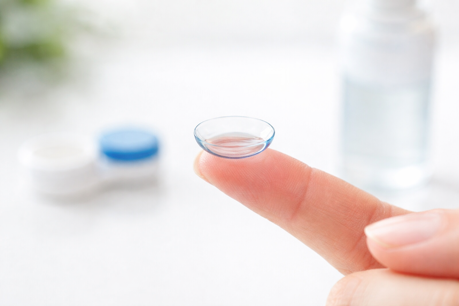 Close-up of a daily disposable contact lens on a fingertip