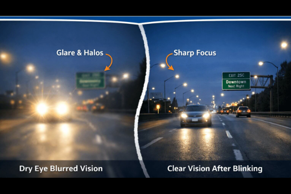 Side by side comparison of blurry and sharp vision during night driving