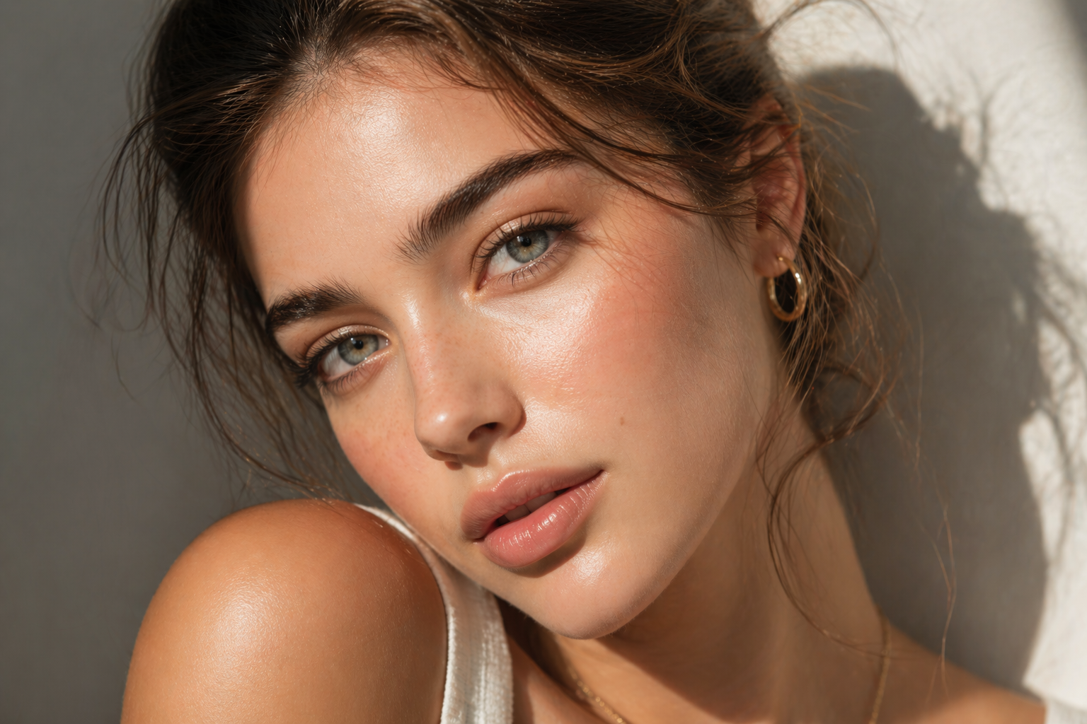 A natural beauty portrait of a woman wearing subtle colored contact lenses to enhance her look
