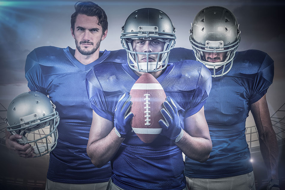 3 football players wearing or carrying their helmets