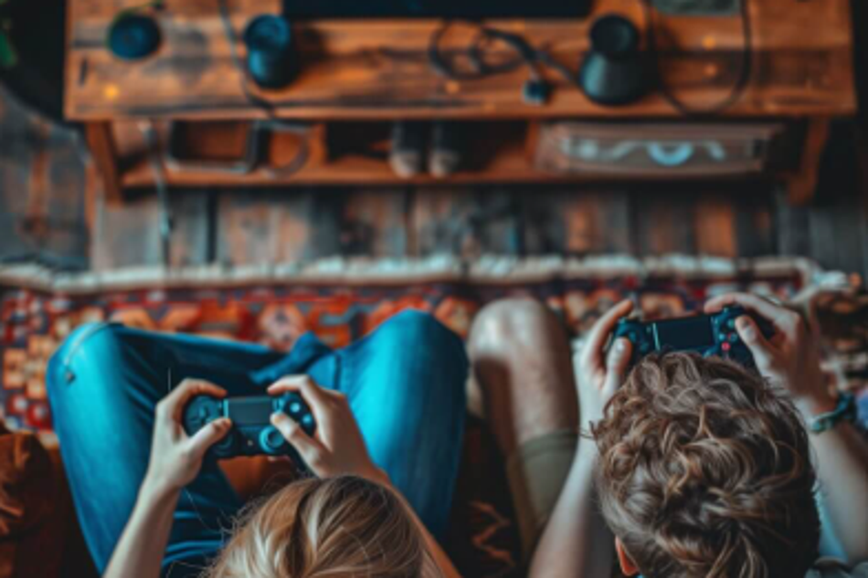 Two people relaxing at home playing video games with controllers