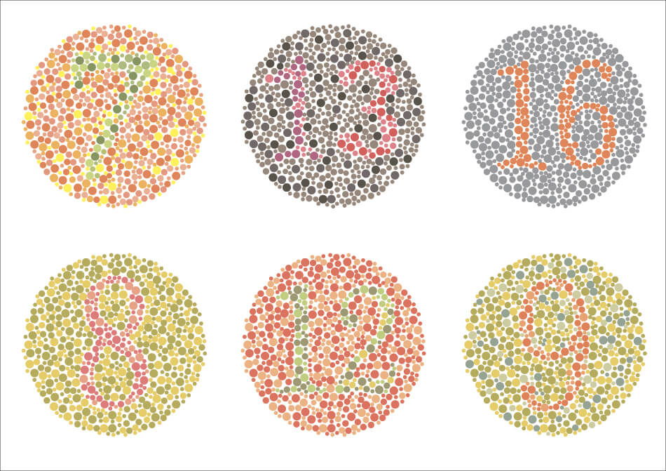 eye vision test circles made up of colored dots containing numbers