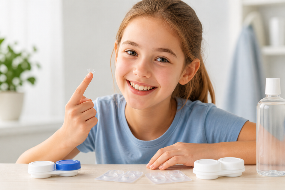 Smiling young girl learning to use contact lenses at home