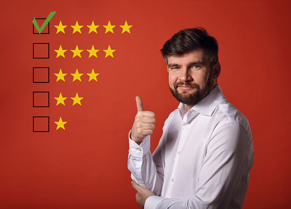 man with thumbs up and 5 star ratings, red background