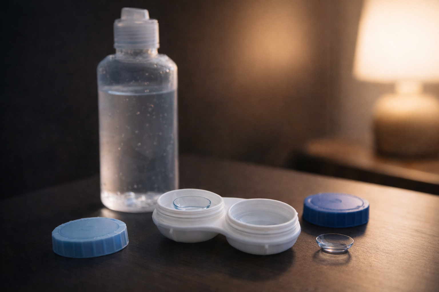 Monthly contact lenses with cleaning solution and storage case