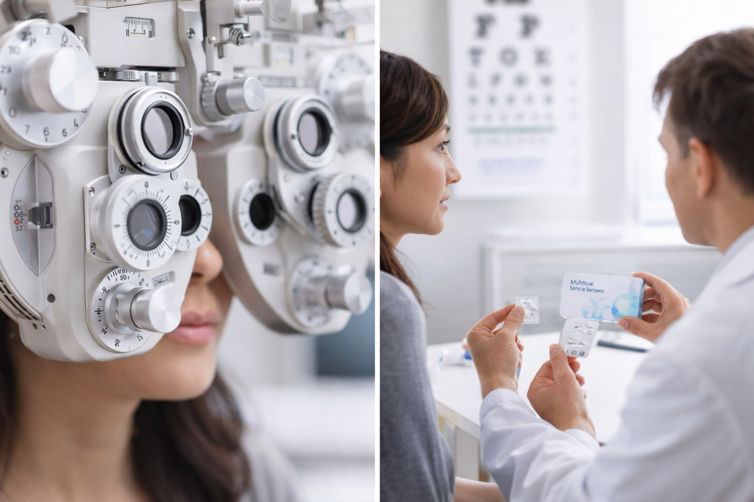 Patient receiving an eye exam and discussing contact lens options with an optometrist