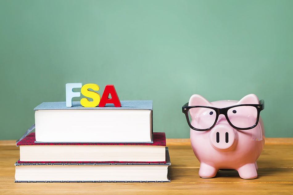 Piggy bank wearing glasses next to books with letters FSA on top