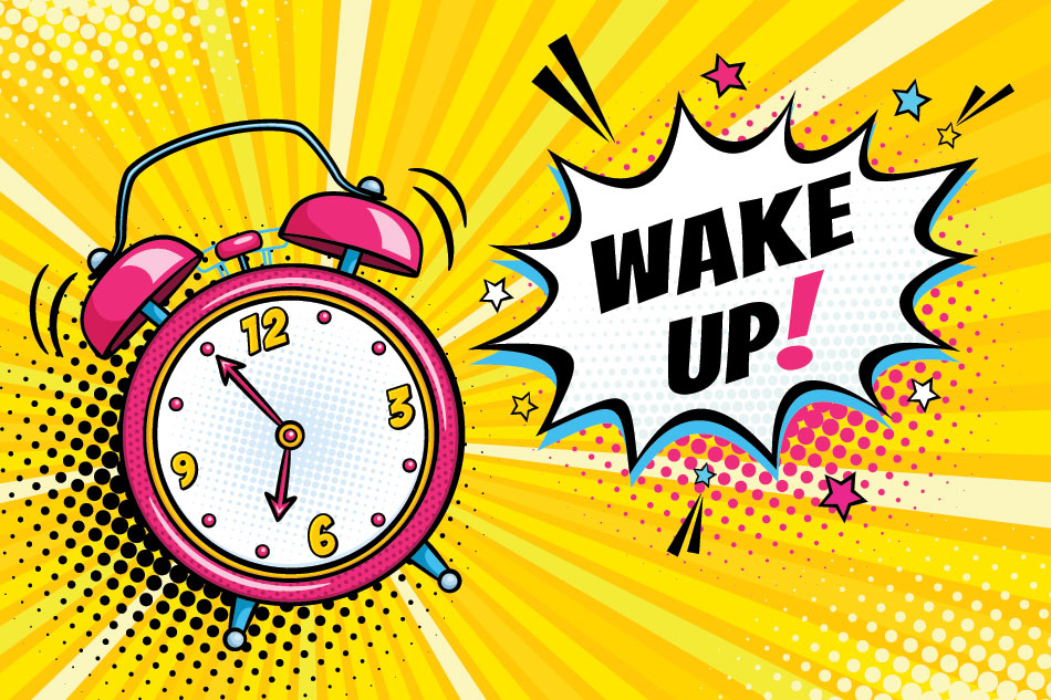 pop-art illustration with old school clock and wake up text