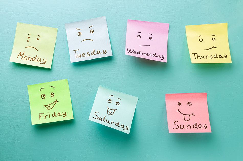 post-its with days of the week and faces on them