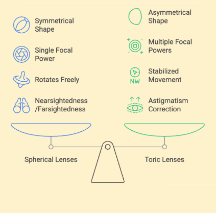 Chart comparing spherical lenses and toric lenses with features and benefits