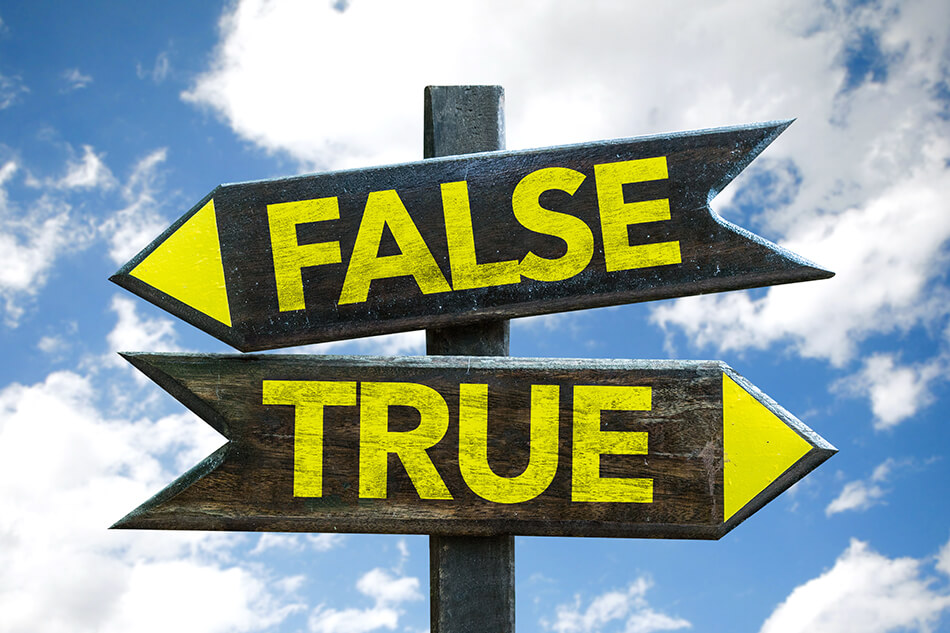 true vs false signpost on sky with clouds background