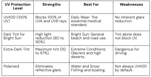 UV protection levels comparison chart for sunglasses