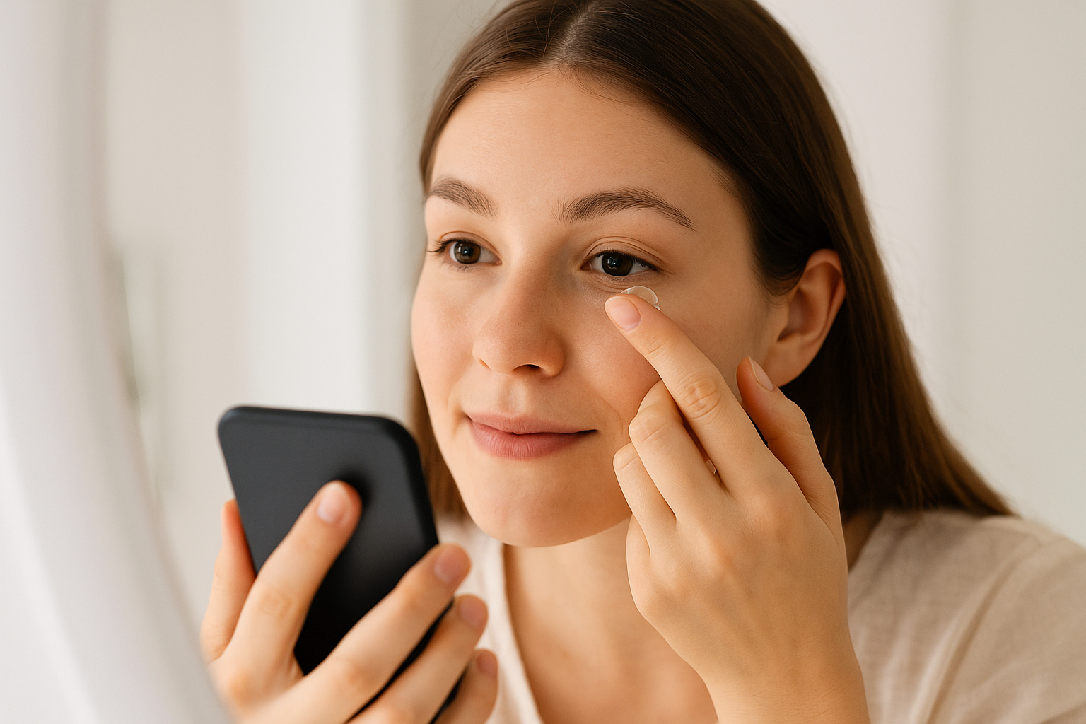 Woman putting contactlens holding-phone