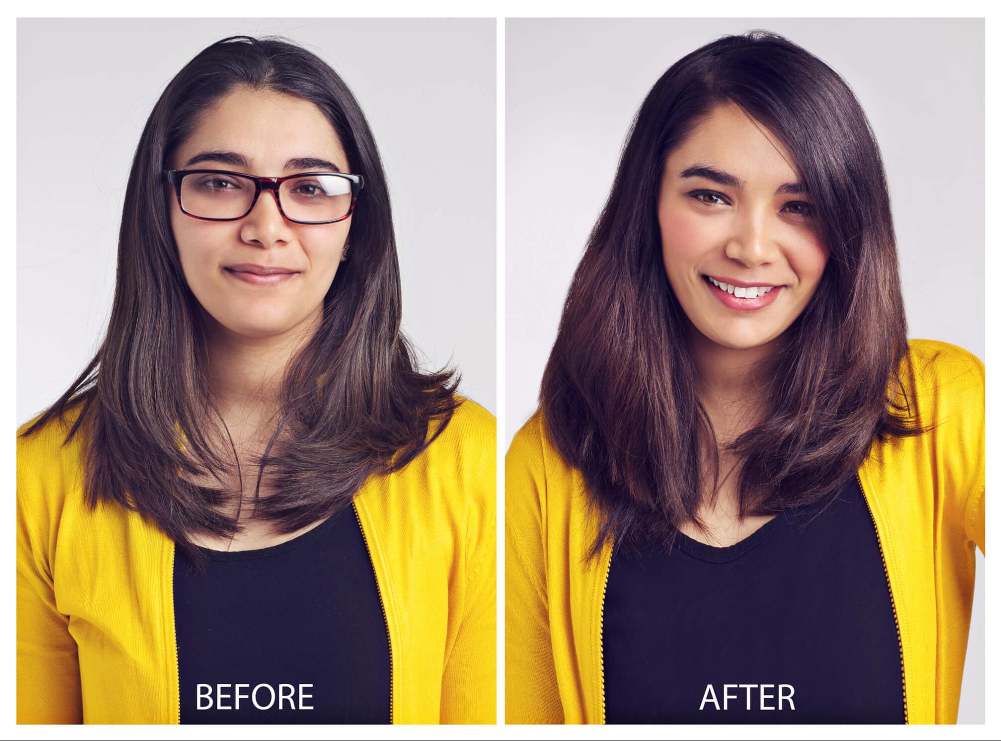 Woman before and after switching from reading glasses to multifocal contacts