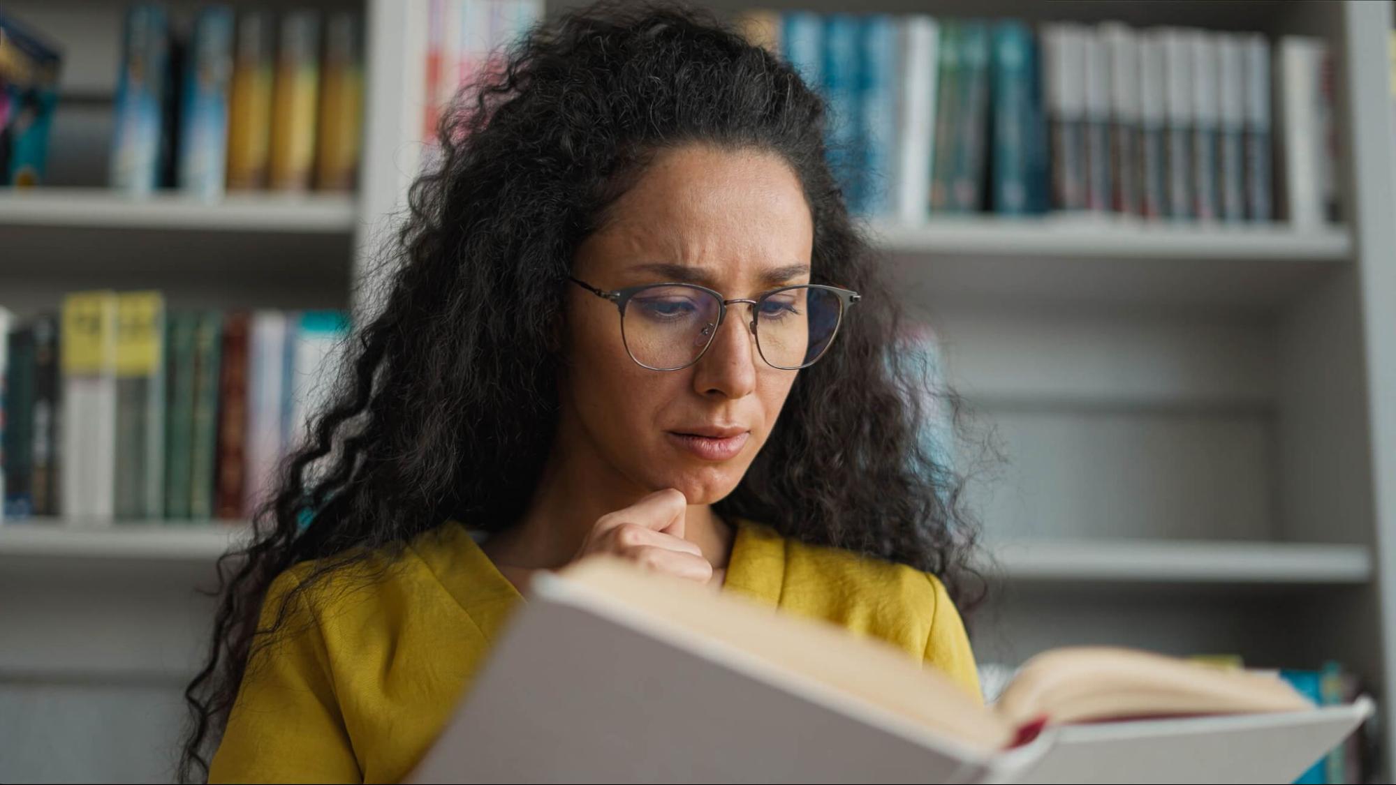 Woman reading with progressive reading glasses