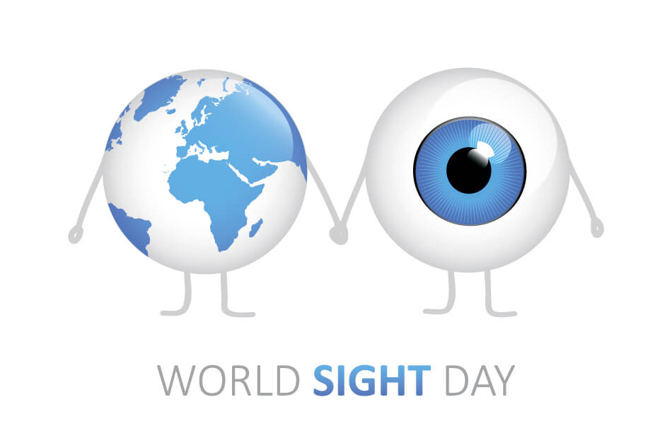 cartoon of globe and eyeball holding hands above the words World Sight Day